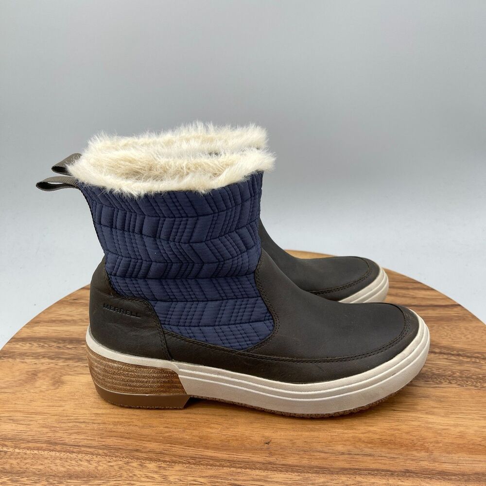 Merrell Haven Bluff WP Boots Womens Size 7.5 Blue Faux Fur Booties Winter Snow